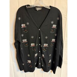 Bobbie C Embellished Holiday Cardigan Snowman Sequin Black‎ 1X Bling Plus Size
